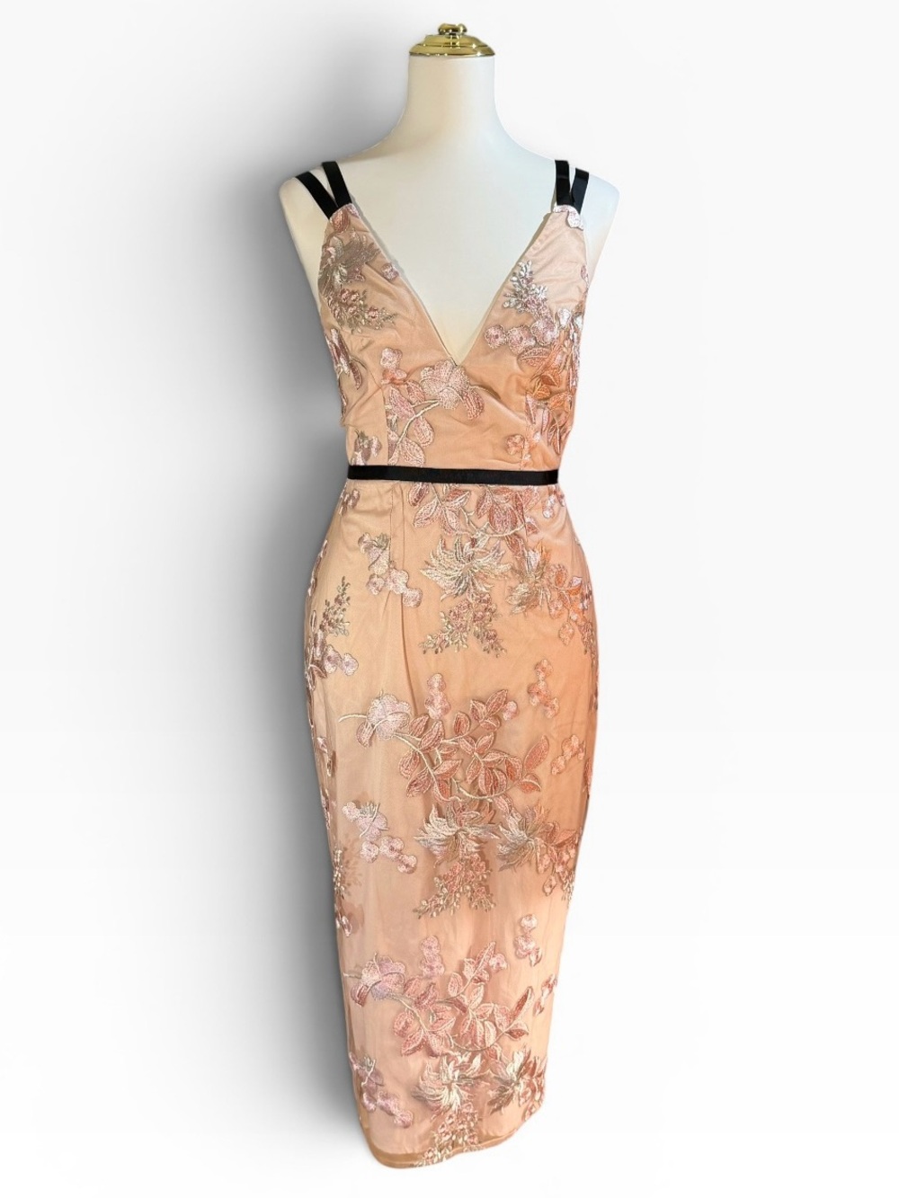 ASOS Blush Pink Embroidered Deep V-Neck Midi Dress Black Straps Size 2 Formal